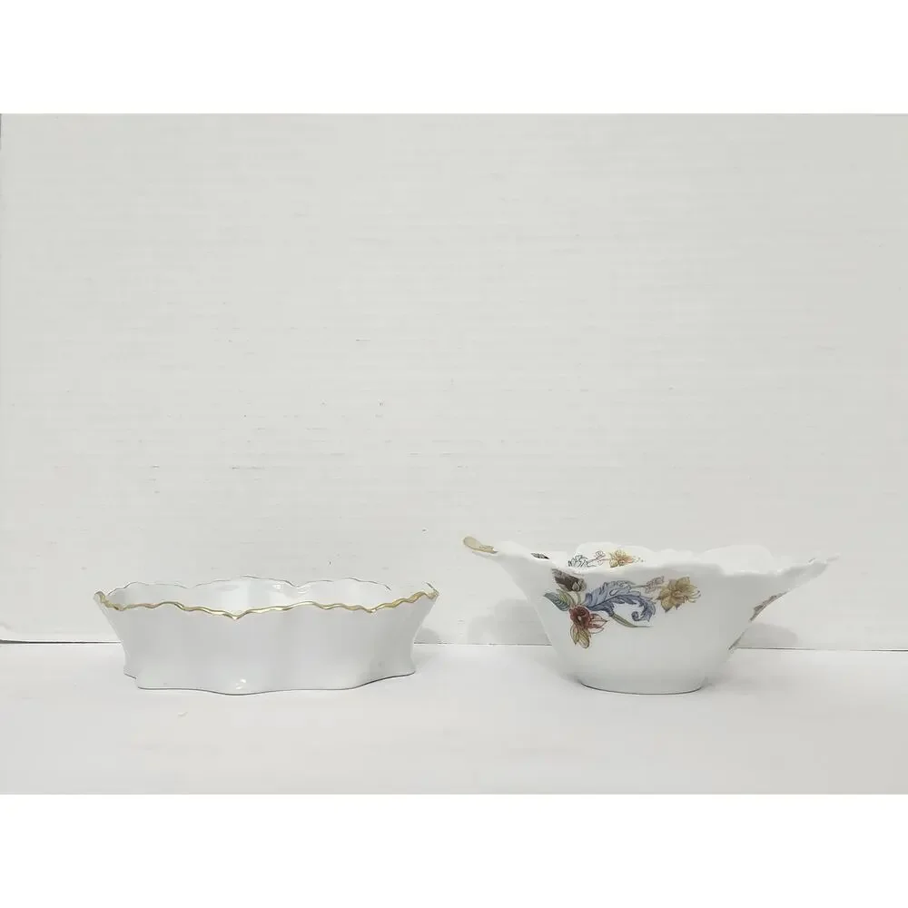 Vintage Fine Porcelain Floral Trinket Dish Bowl Set Gold Trim